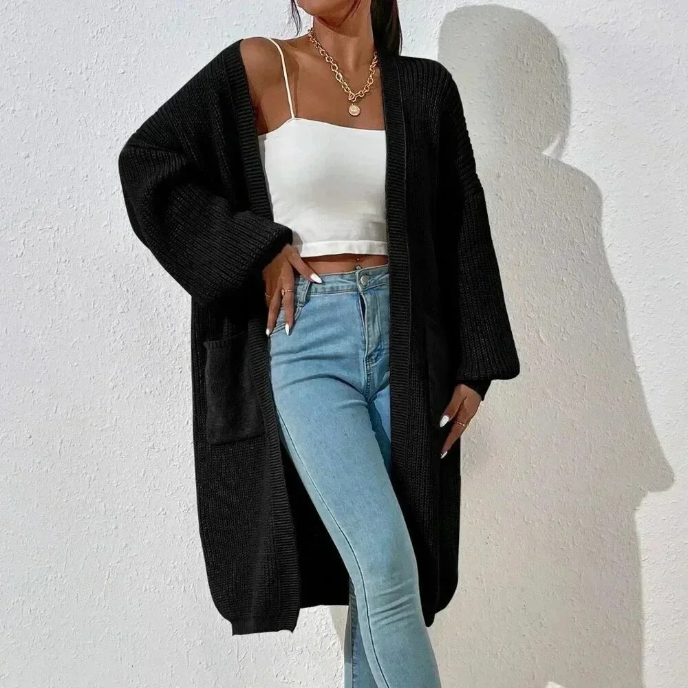 Black Casual Women's Dual Pocket Drop Shoulder Cardigan